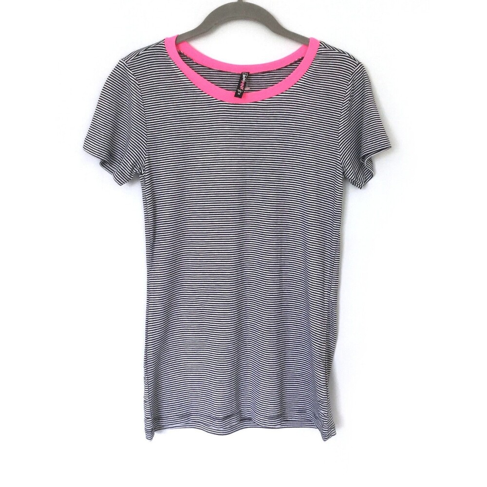 Electric Pink Women's Striped T Shirt Size M  Black White NWOT